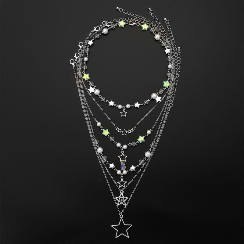 2026 New Arrival Edgy Trendy Women's Layered Necklace Set Cross Star Moon Pendants Stackable Choker & Sweater Chain Unisex Daily Party Streetwear Fashion Jewelry