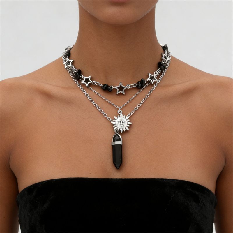 2026 New Arrival Edgy Trendy Women's Layered Necklace Set Cross Star Moon Pendants Stackable Choker & Sweater Chain Unisex Daily Party Streetwear Fashion Jewelry