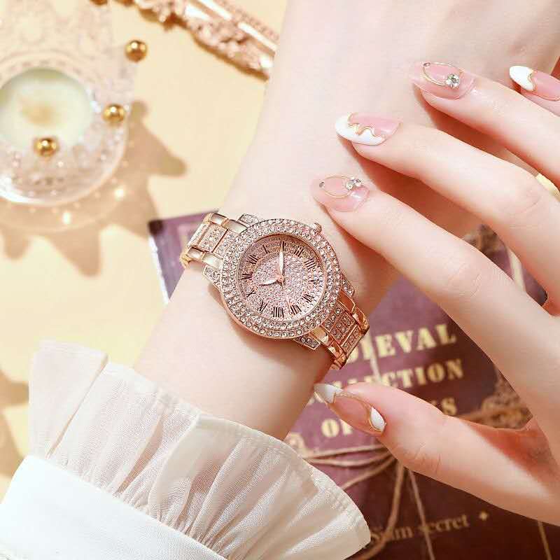 Luxury Rose Gold Roman Numerals Crystal Rhinestone Watch for Women - Elegant Quartz Bracelet with Crown Design, Kenyan Ladies' Fashion Jewelry Accessory