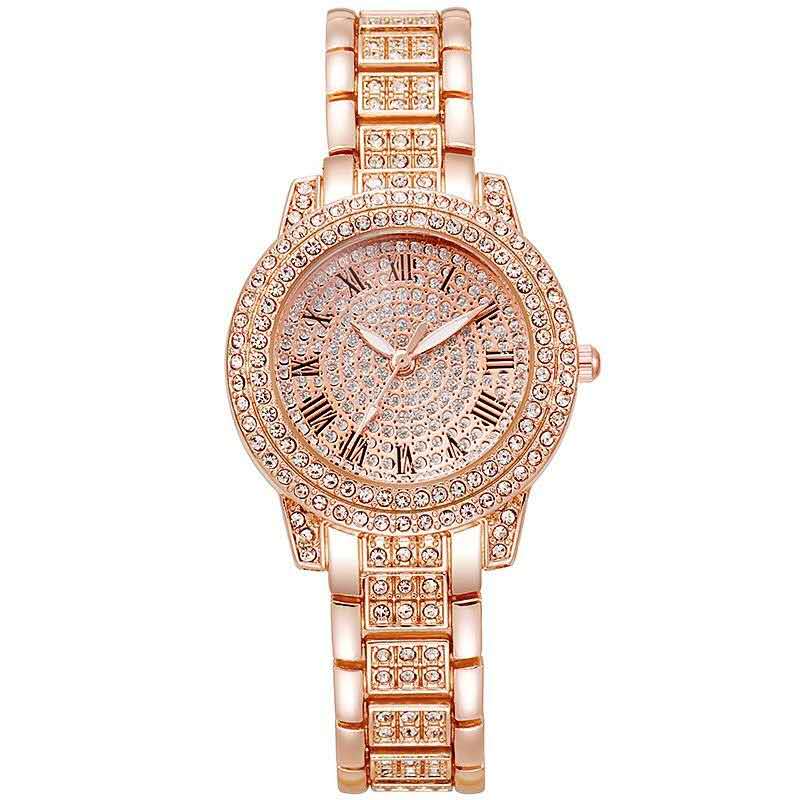 Luxury Rose Gold Roman Numerals Crystal Rhinestone Watch for Women - Elegant Quartz Bracelet with Crown Design, Kenyan Ladies' Fashion Jewelry Accessory
