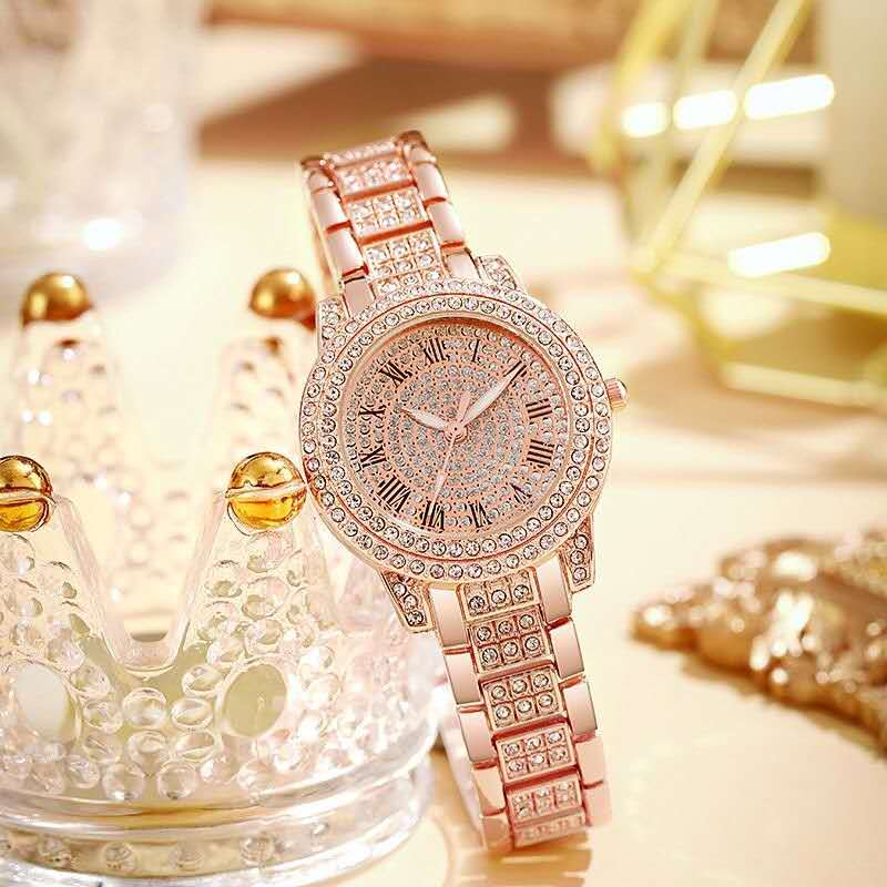 Luxury Rose Gold Roman Numerals Crystal Rhinestone Watch for Women - Elegant Quartz Bracelet with Crown Design, Kenyan Ladies' Fashion Jewelry Accessory
