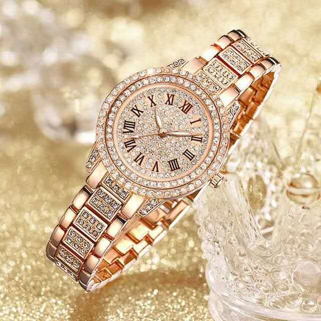 Luxury Rose Gold Roman Numerals Crystal Rhinestone Watch for Women - Elegant Quartz Bracelet with Crown Design, Kenyan Ladies' Fashion Jewelry Accessory