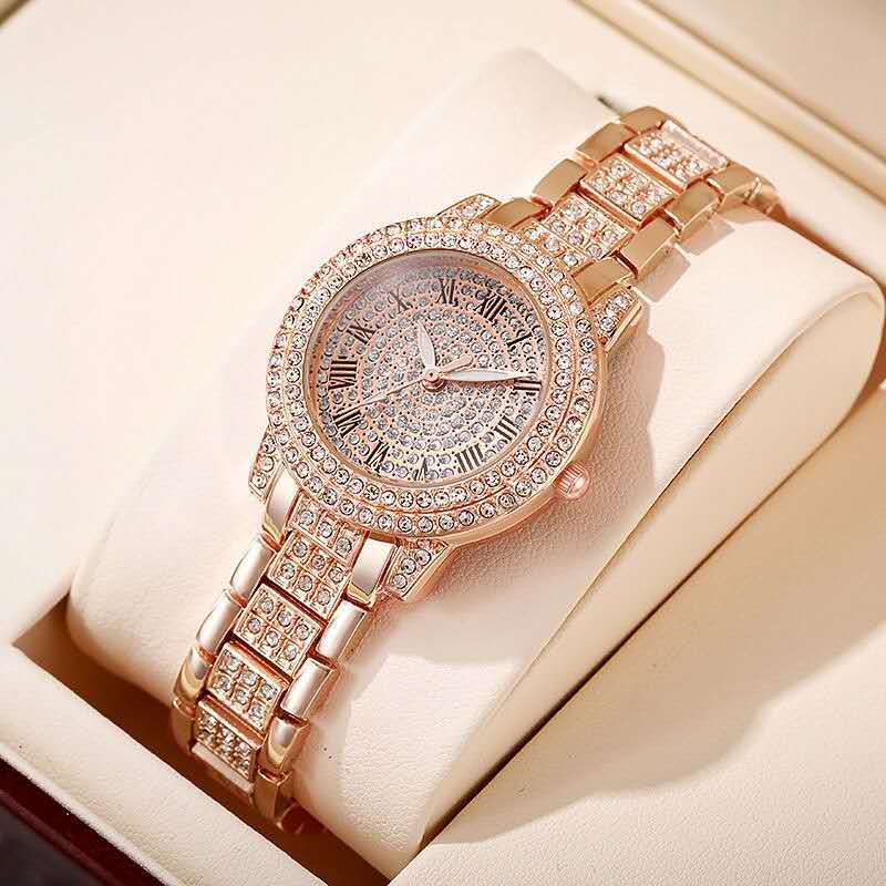 Luxury Rose Gold Roman Numerals Crystal Rhinestone Watch for Women - Elegant Quartz Bracelet with Crown Design, Kenyan Ladies' Fashion Jewelry Accessory