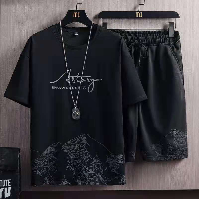 Aslsyoga Men's 2-Piece Breathable T-Shirt & Shorts Set with Mountain Print | White Casual Sports Outfit, Drawstring Gym Shorts & Graphic Yoga Top