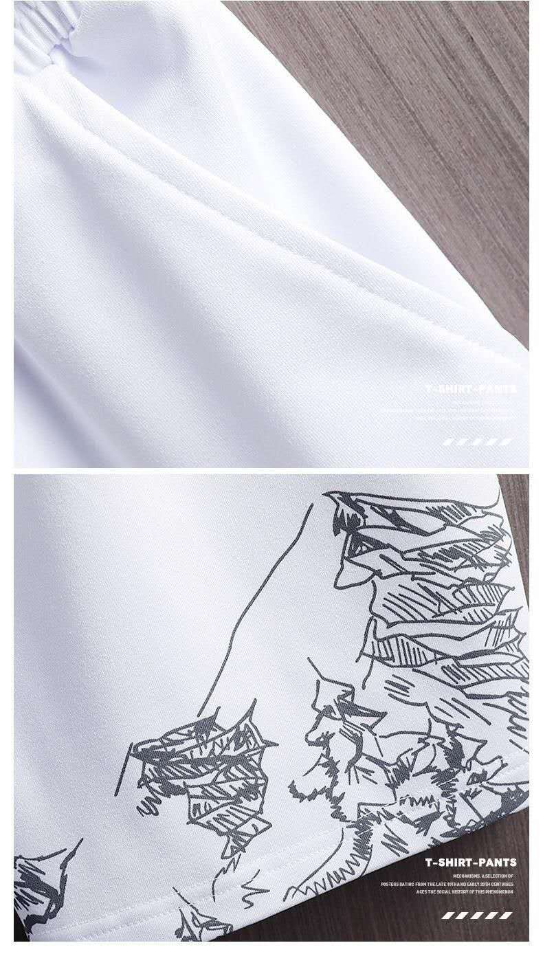 Aslsyoga Men's 2-Piece Breathable T-Shirt & Shorts Set with Mountain Print | White Casual Sports Outfit, Drawstring Gym Shorts & Graphic Yoga Top