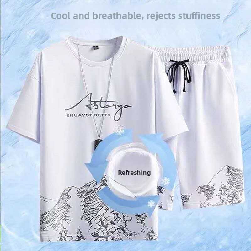 Aslsyoga Men's 2-Piece Breathable T-Shirt & Shorts Set with Mountain Print | White Casual Sports Outfit, Drawstring Gym Shorts & Graphic Yoga Top