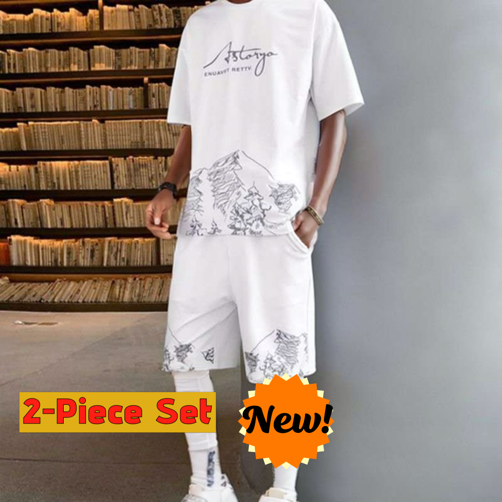 Aslsyoga Men's 2-Piece Breathable T-Shirt & Shorts Set with Mountain Print | White Casual Sports Outfit, Drawstring Gym Shorts & Graphic Yoga Top