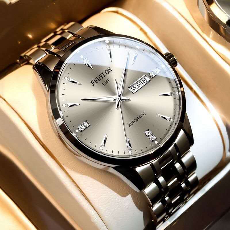 FEDYLON Automatic Men's Business Watch 50M Waterproof, Silver Black Stainless Steel with Diamond Markers & Calendar, Oversized Dial Dress Chronograph