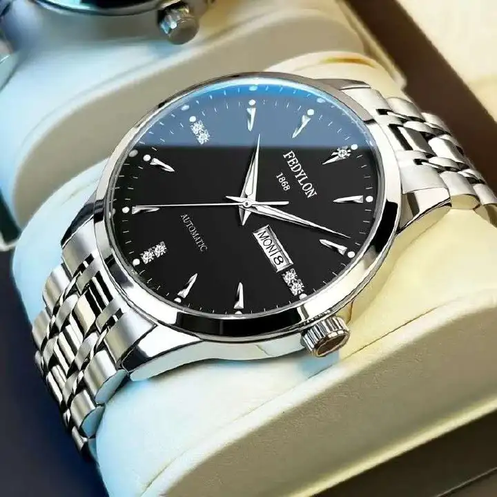 FEDYLON Automatic Men's Business Watch 50M Waterproof, Silver Black Stainless Steel with Diamond Markers & Calendar, Oversized Dial Dress Chronograph