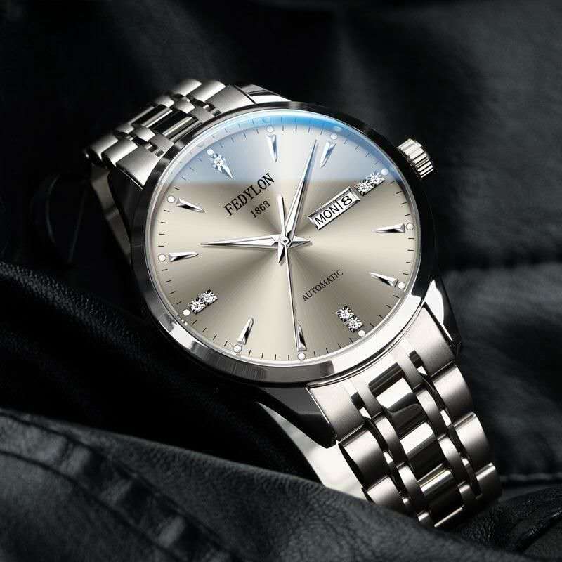 FEDYLON Automatic Men's Business Watch 50M Waterproof, Silver Black Stainless Steel with Diamond Markers & Calendar, Oversized Dial Dress Chronograph