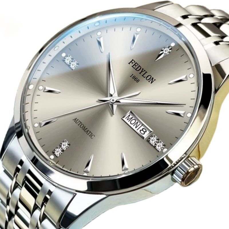 FEDYLON Automatic Men's Business Watch 50M Waterproof, Silver Black Stainless Steel with Diamond Markers & Calendar, Oversized Dial Dress Chronograph