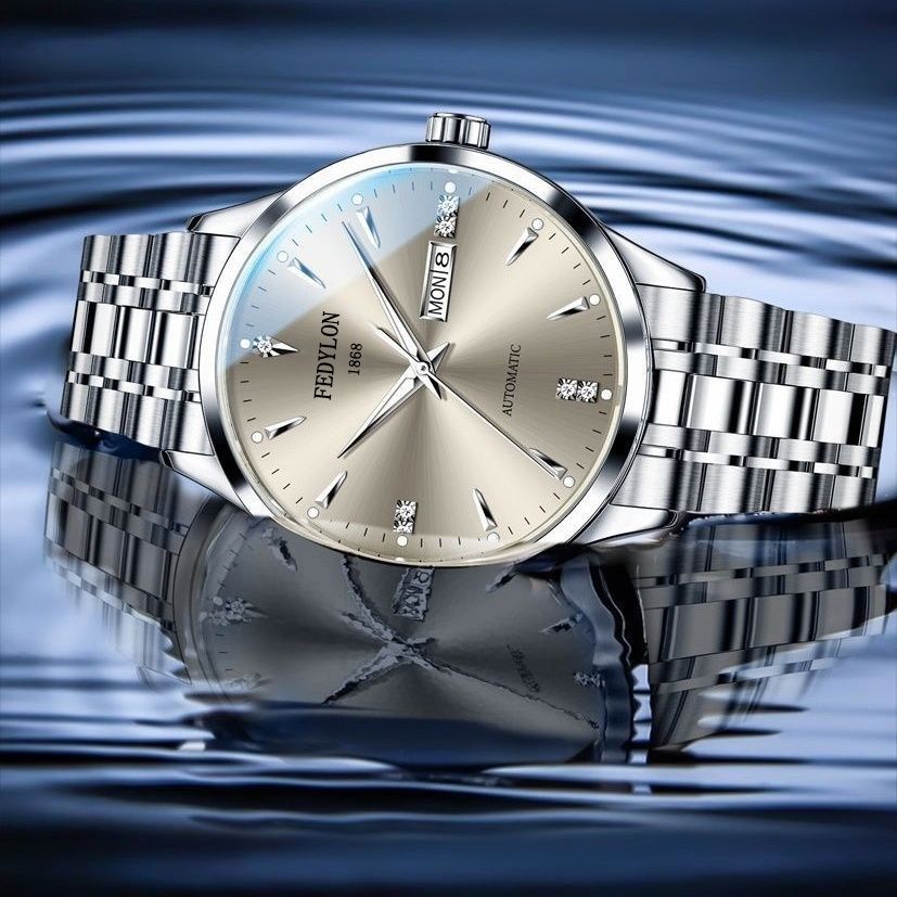 FEDYLON Automatic Men's Business Watch 50M Waterproof, Silver Black Stainless Steel with Diamond Markers & Calendar, Oversized Dial Dress Chronograph