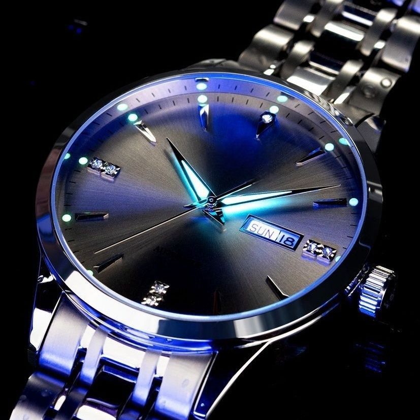 FEDYLON Automatic Men's Business Watch 50M Waterproof, Silver Black Stainless Steel with Diamond Markers & Calendar, Oversized Dial Dress Chronograph