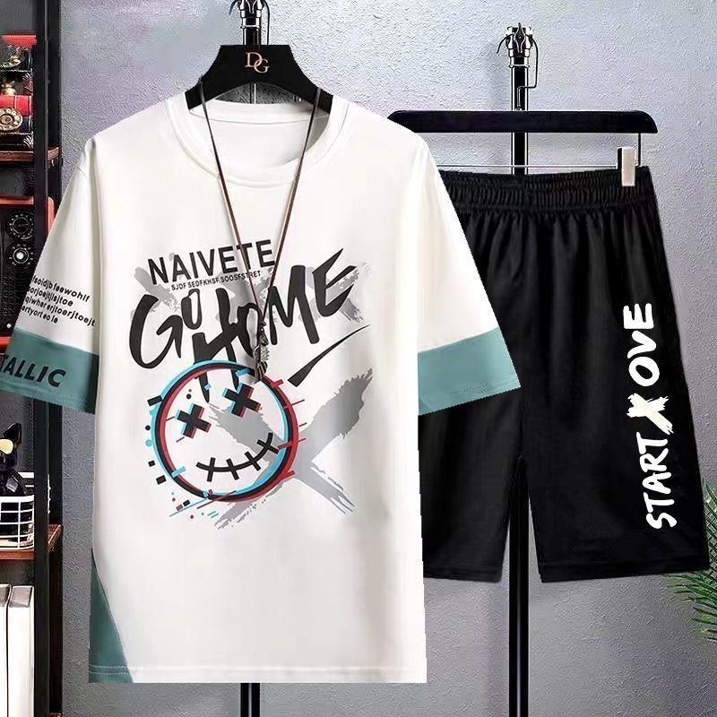 Trendy 2-piece streetwear set: oversized graphic T-shirt (naivete & smiley print) + black shorts (START × OVE design). Loose fit, comfortable fabric—perfect for Kenyan young men’s daily, casual looks