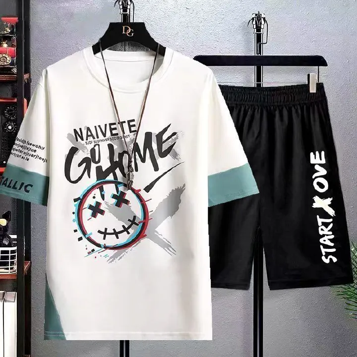 Trendy 2-piece streetwear set: oversized graphic T-shirt (naivete & smiley print) + black shorts (START × OVE design). Loose fit, comfortable fabric—perfect for Kenyan young men’s daily, casual looks