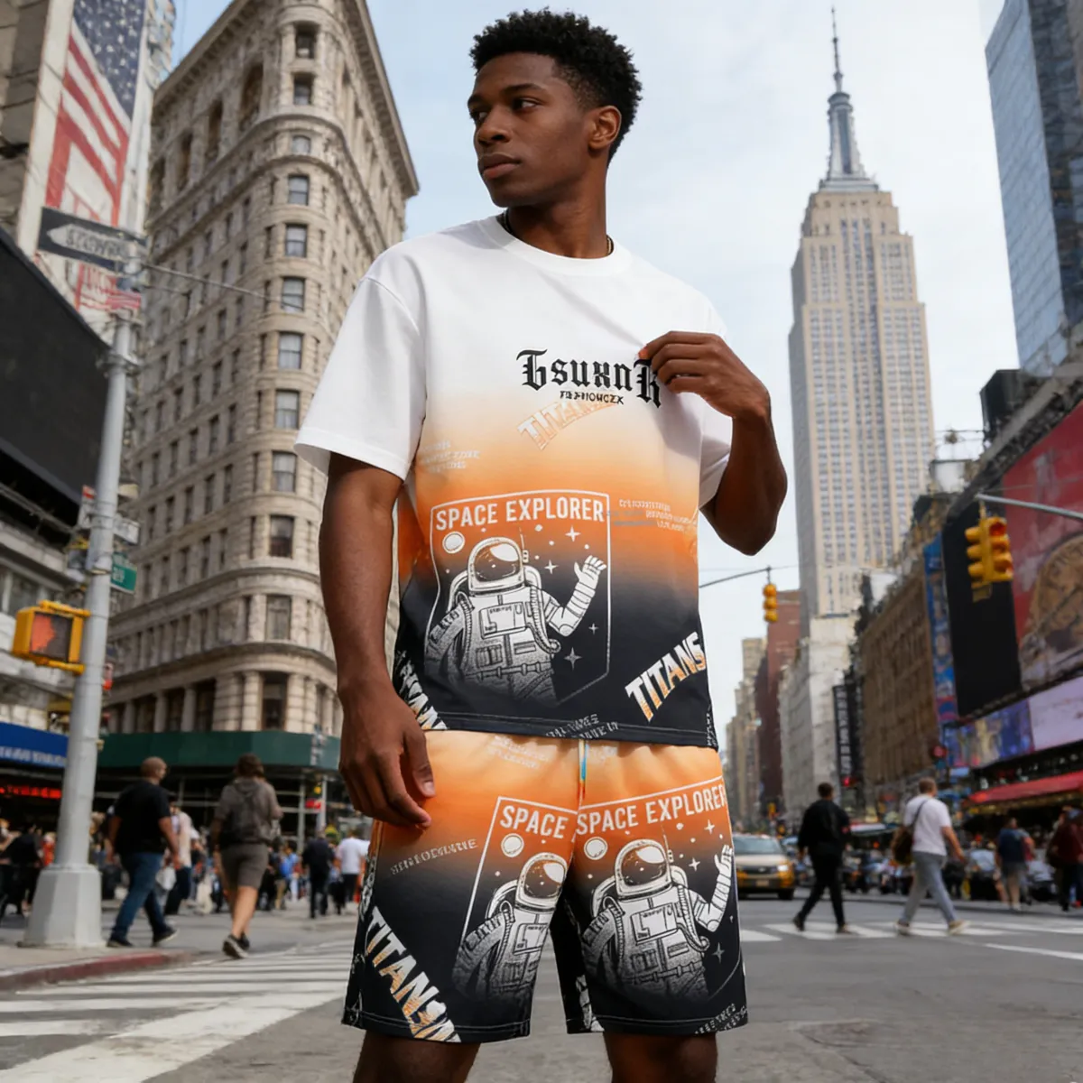 Trendy 2-piece set: oversized gradient T-shirt + shorts with space/astronaut prints. Comfortable, stylish design—perfect for Kenyan young people’s daily, casual or street-style looks.