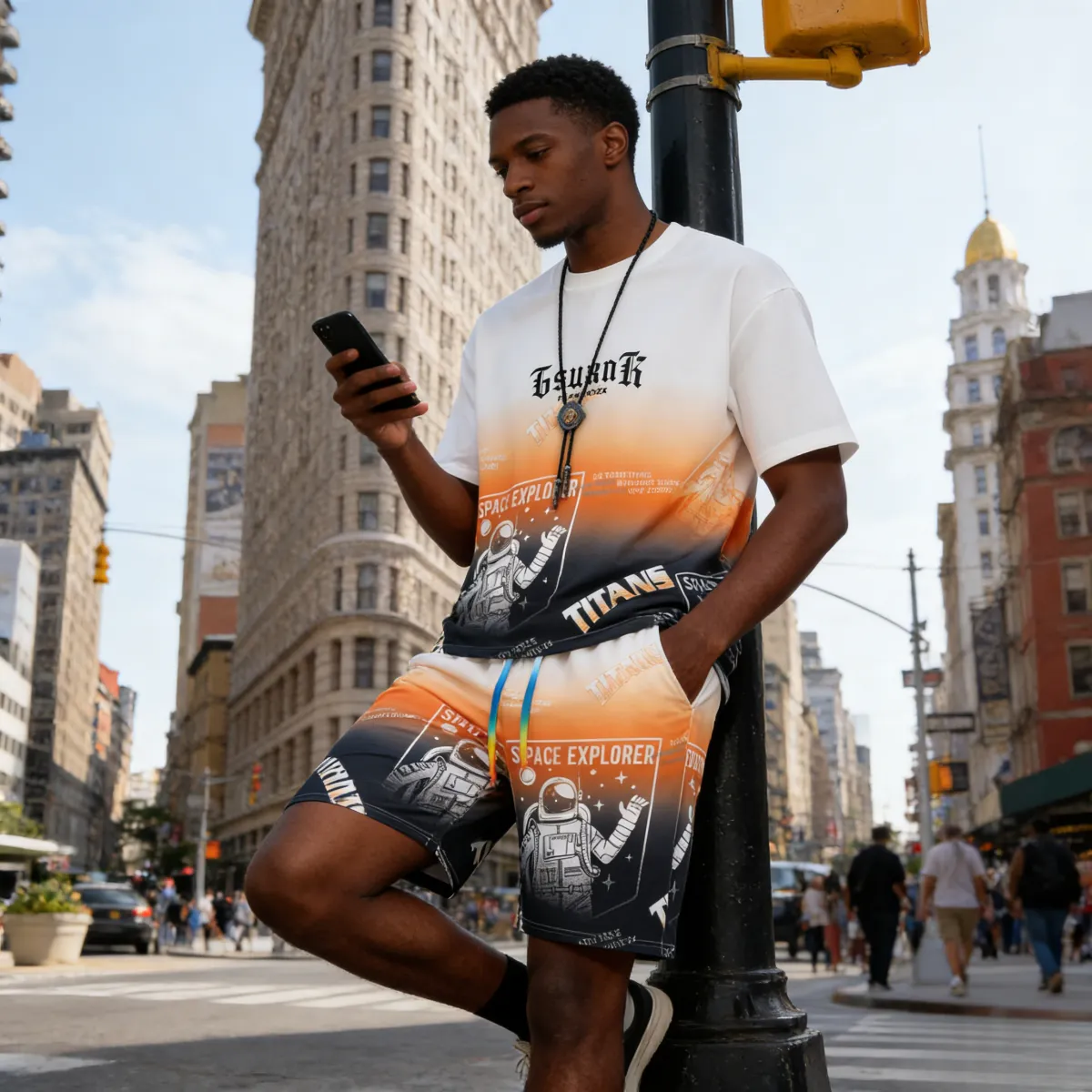 Trendy 2-piece set: oversized gradient T-shirt + shorts with space/astronaut prints. Comfortable, stylish design—perfect for Kenyan young people’s daily, casual or street-style looks.