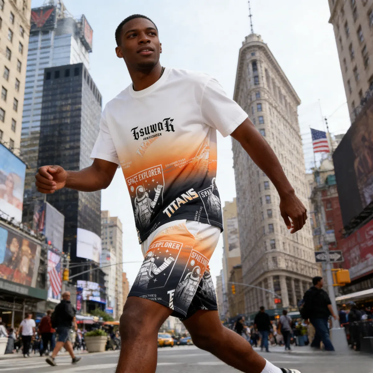 Trendy 2-piece set: oversized gradient T-shirt + shorts with space/astronaut prints. Comfortable, stylish design—perfect for Kenyan young people’s daily, casual or street-style looks.