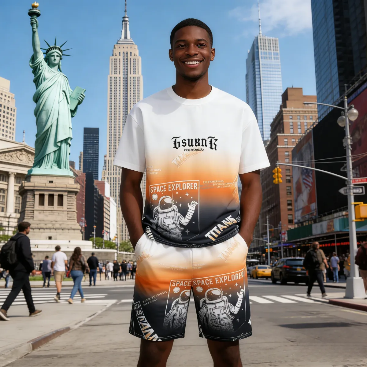 Trendy 2-piece set: oversized gradient T-shirt + shorts with space/astronaut prints. Comfortable, stylish design—perfect for Kenyan young people’s daily, casual or street-style looks.