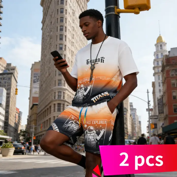 Trendy 2-piece set: oversized gradient T-shirt + shorts with space/astronaut prints. Comfortable, stylish design—perfect for Kenyan young people’s daily, casual or street-style looks.