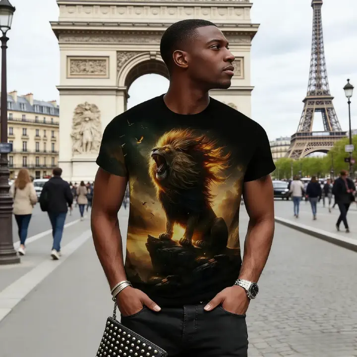 Stylish men’s T-shirt with bold roaring lion graphic. Comfortable fabric, eye-catching design—perfect for Kenyan young people’s daily, casual or street-style outfits.