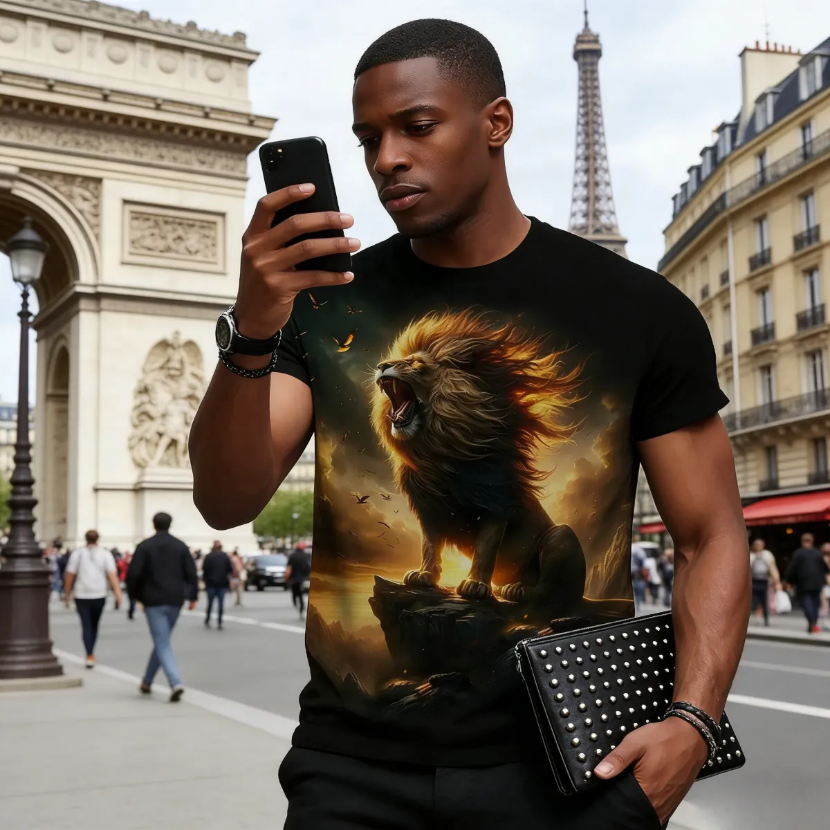 Stylish men’s T-shirt with bold roaring lion graphic. Comfortable fabric, eye-catching design—perfect for Kenyan young people’s daily, casual or street-style outfits.