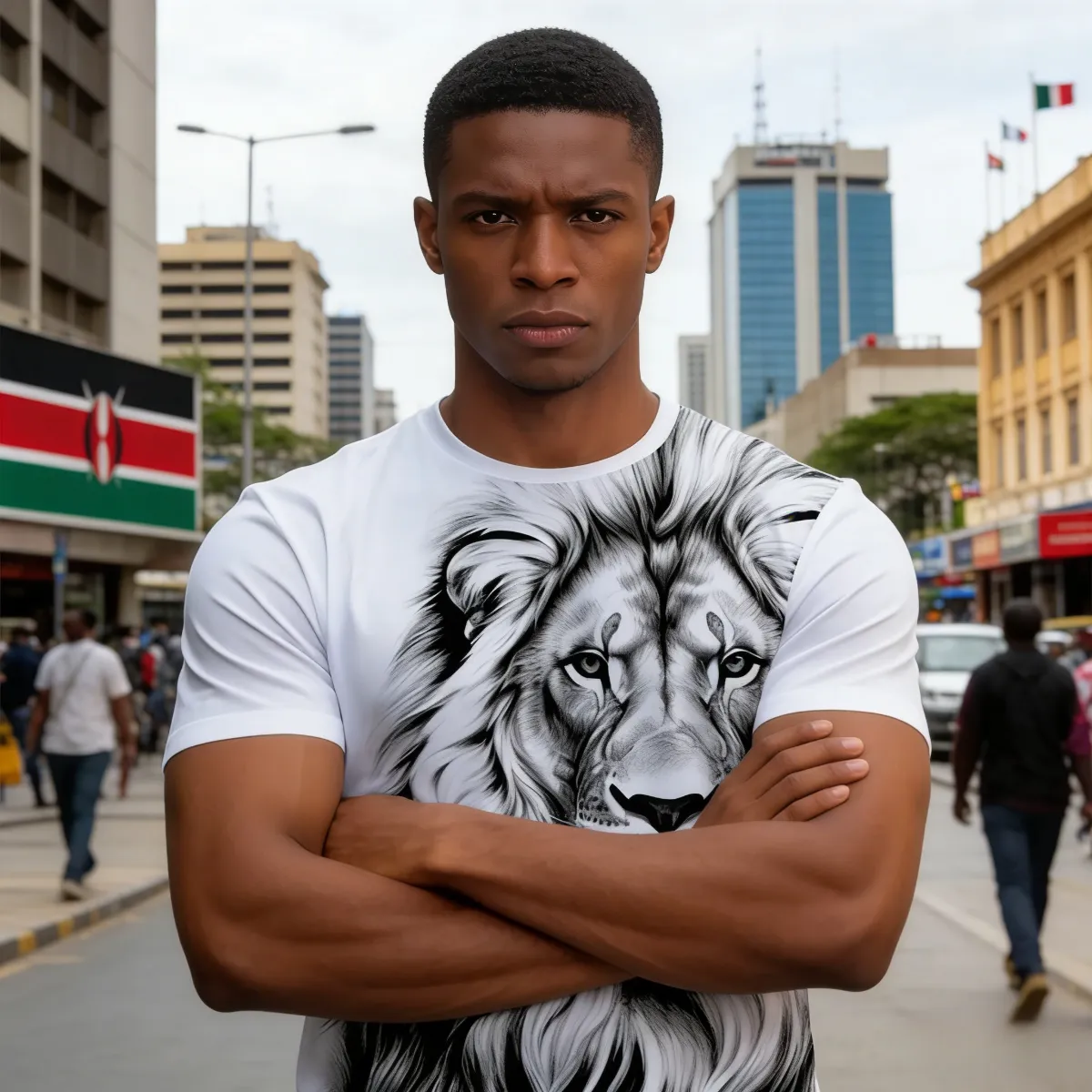 Stylish men’s T-shirt with detailed black & white lion portrait. Comfortable, breathable fabric—eye-catching design perfect for Kenyan young people’s daily, casual looks.