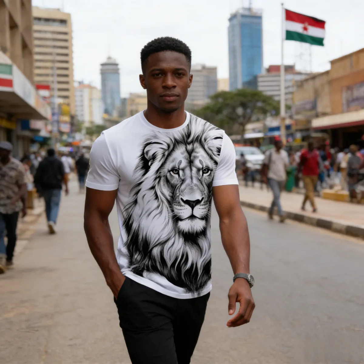 Stylish men’s T-shirt with detailed black & white lion portrait. Comfortable, breathable fabric—eye-catching design perfect for Kenyan young people’s daily, casual looks.