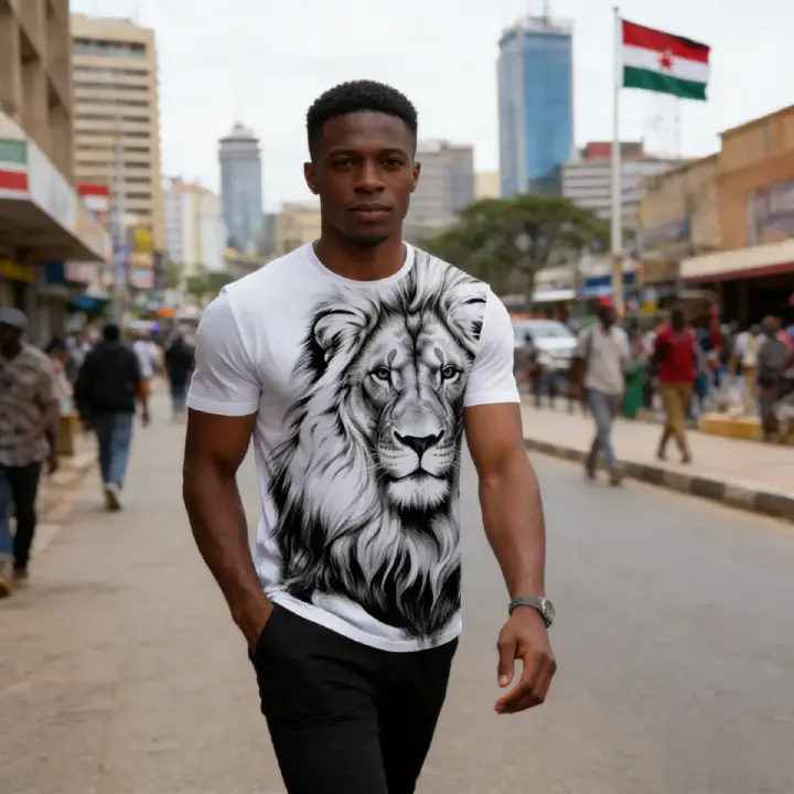 Stylish men’s T-shirt with detailed black & white lion portrait. Comfortable, breathable fabric—eye-catching design perfect for Kenyan young people’s daily, casual looks.