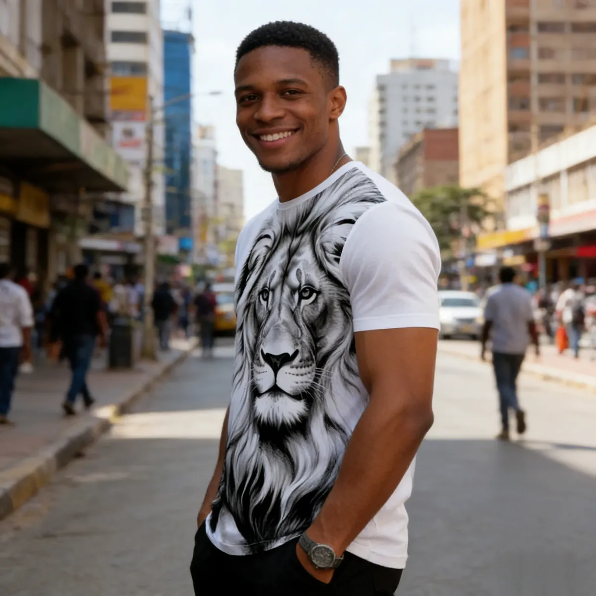 Stylish men’s T-shirt with detailed black & white lion portrait. Comfortable, breathable fabric—eye-catching design perfect for Kenyan young people’s daily, casual looks.