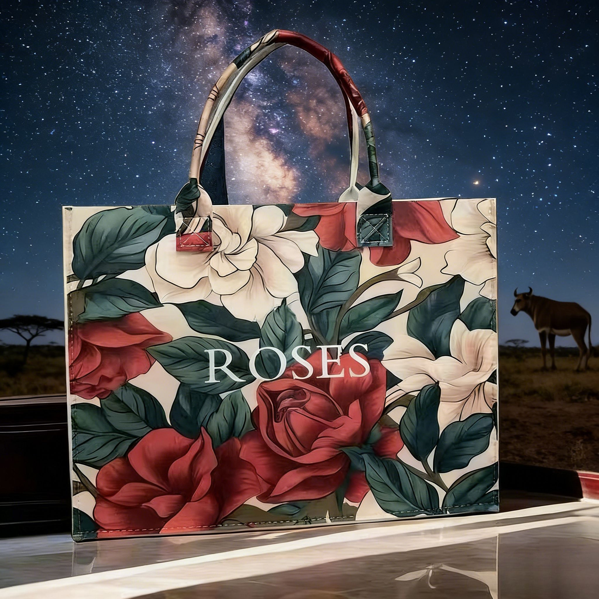 All-In-One Women's Shoulder Bag Large Capacity Felt Gift Shopping Bag Women's Large-Capacity Felt Tote Bag Floral Rose Print Stylish Handbag Spacious Casual Purse for Kenyan Young Ladies