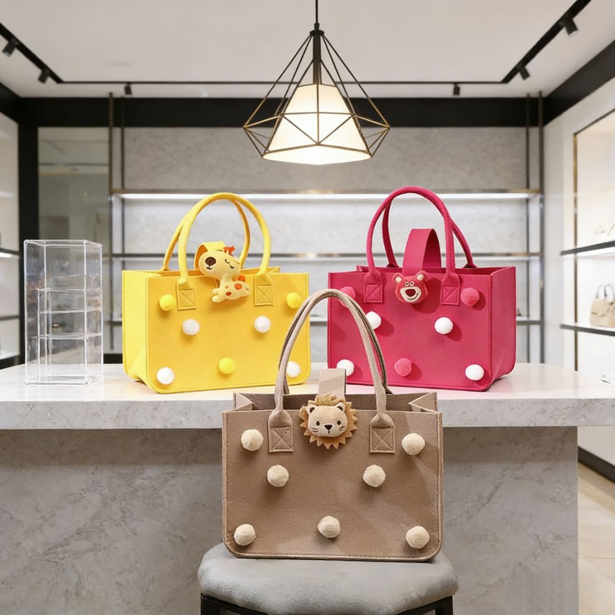 Adorable large-capacity felt tote bags (3 colors) with pom-poms & animal charms. Spacious, lightweight & stylish—perfect for Kenyan young ladies’ daily outings, shopping or casual use