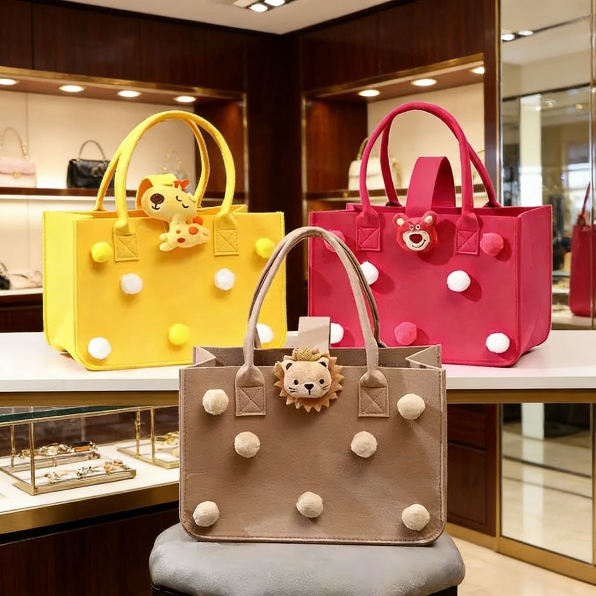 Adorable large-capacity felt tote bags (3 colors) with pom-poms & animal charms. Spacious, lightweight & stylish—perfect for Kenyan young ladies’ daily outings, shopping or casual use