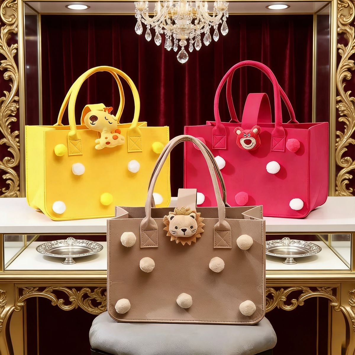 Adorable large-capacity felt tote bags (3 colors) with pom-poms & animal charms. Spacious, lightweight & stylish—perfect for Kenyan young ladies’ daily outings, shopping or casual use