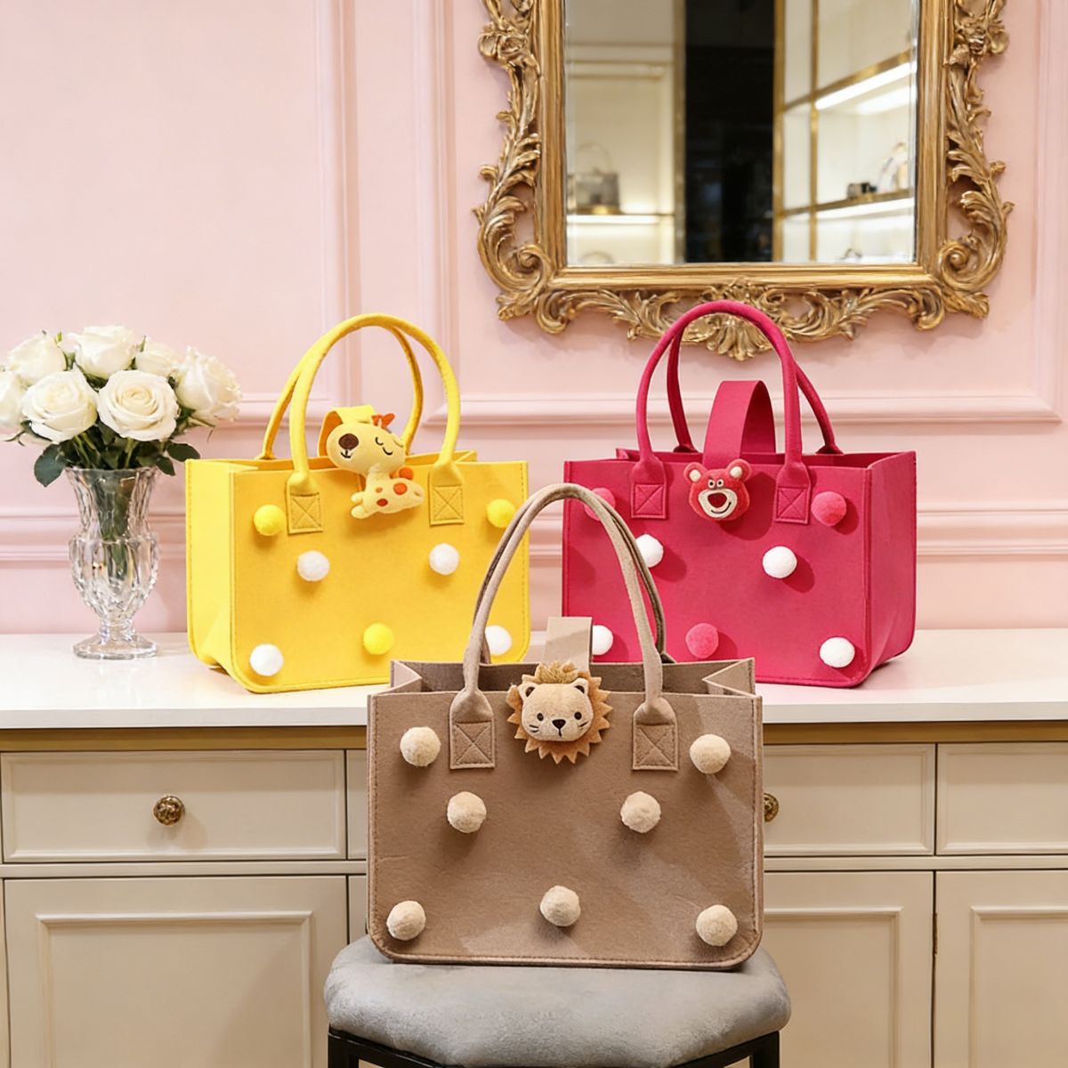 Adorable large-capacity felt tote bags (3 colors) with pom-poms & animal charms. Spacious, lightweight & stylish—perfect for Kenyan young ladies’ daily outings, shopping or casual use