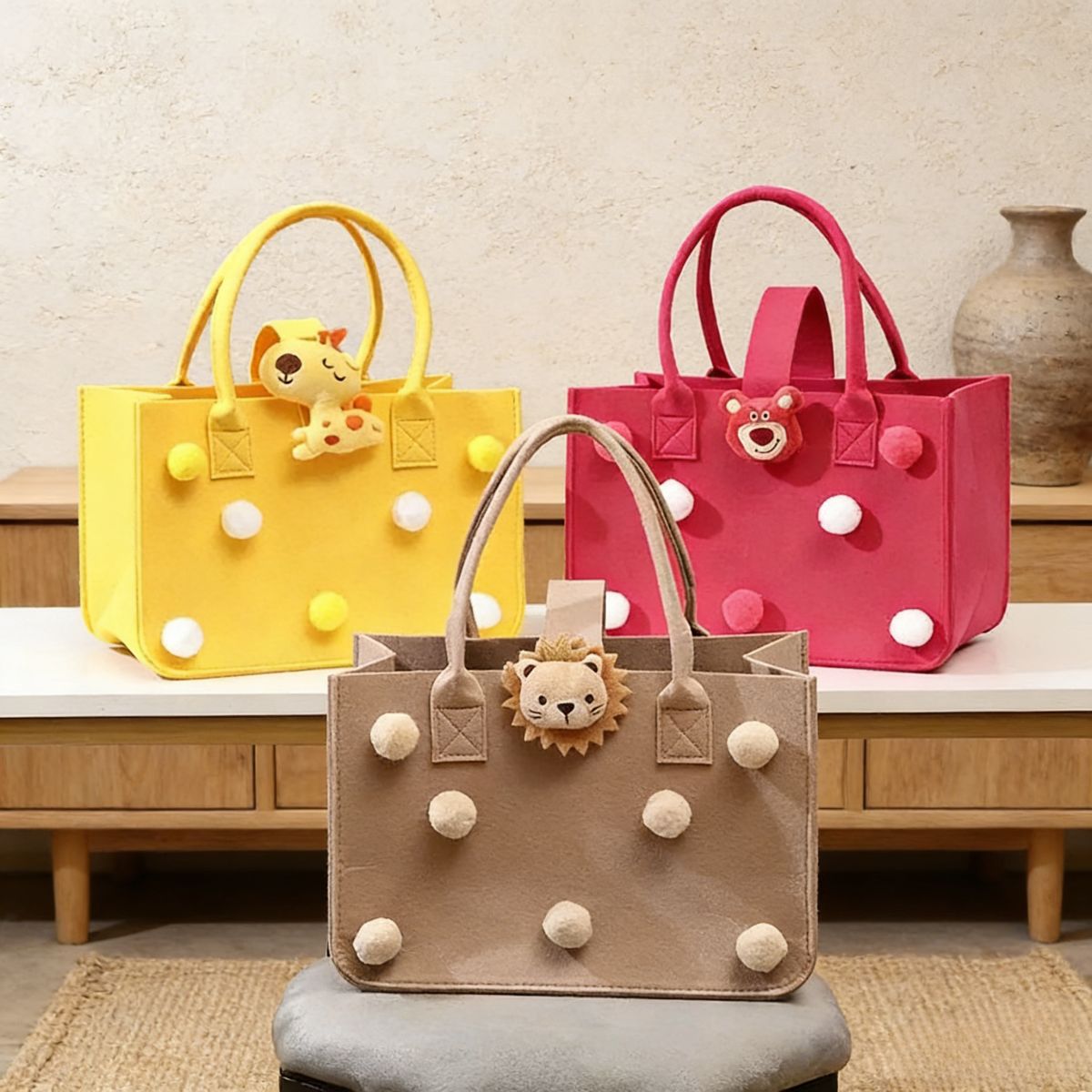 Adorable large-capacity felt tote bags (3 colors) with pom-poms & animal charms. Spacious, lightweight & stylish—perfect for Kenyan young ladies’ daily outings, shopping or casual use
