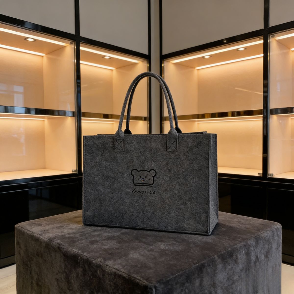 Stylish gray large-capacity felt tote bag with cute bear embroidery. Spacious, lightweight & durable—perfect for Kenyan young ladies’daily shopping, work or casual outings