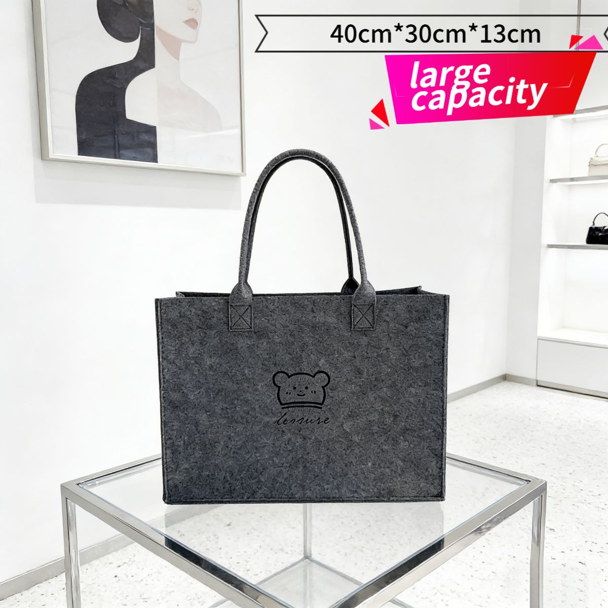 Stylish gray large-capacity felt tote bag with cute bear embroidery. Spacious, lightweight & durable—perfect for Kenyan young ladies’daily shopping, work or casual outings