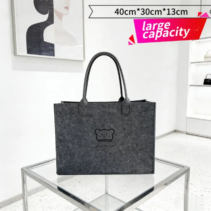 Stylish gray large-capacity felt tote bag with cute bear embroidery. Spacious, lightweight & durable—perfect for Kenyan young ladies’daily shopping, work or casual outings