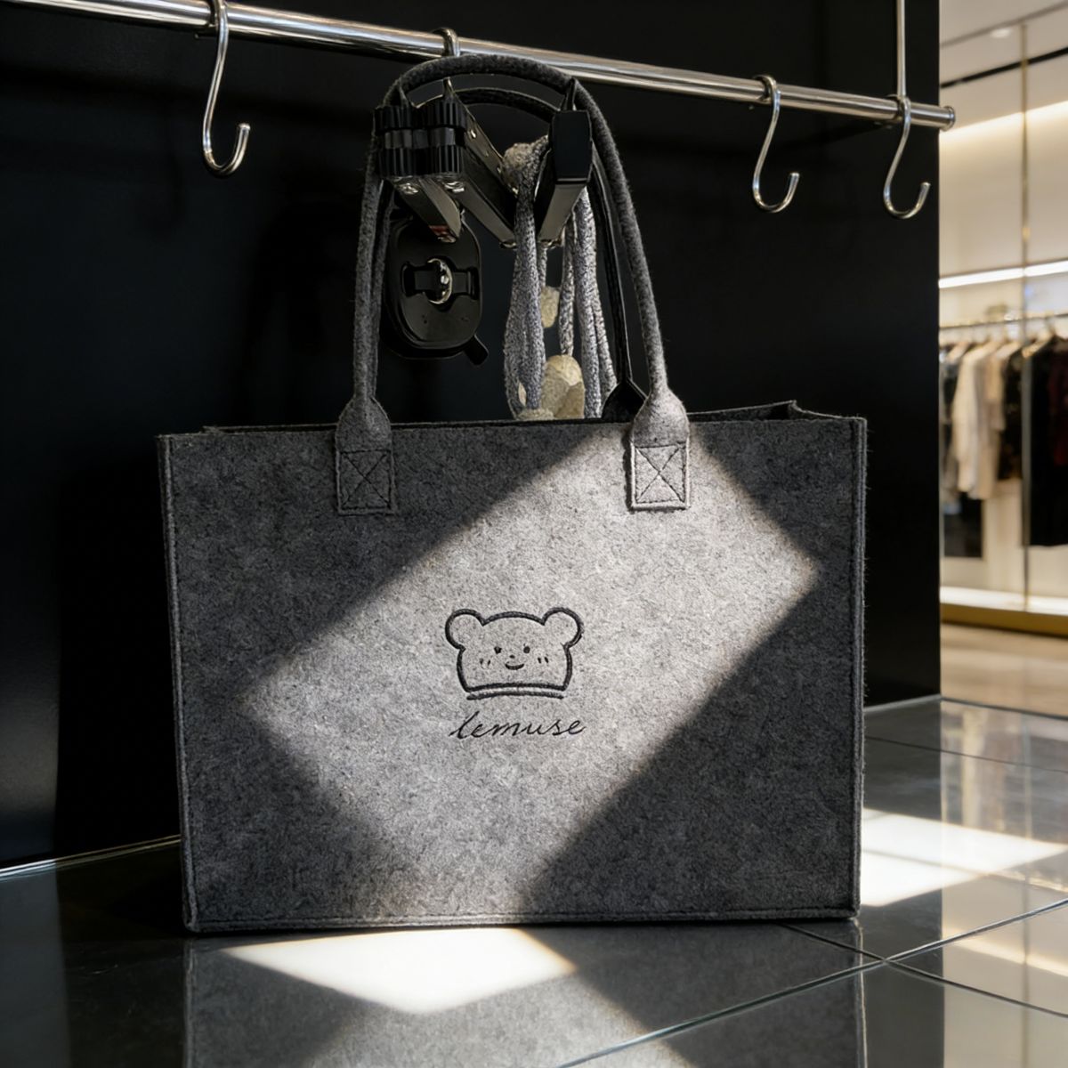 Stylish gray large-capacity felt tote bag with cute bear embroidery. Spacious, lightweight & durable—perfect for Kenyan young ladies’daily shopping, work or casual outings