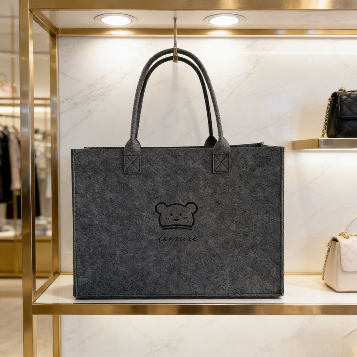 Stylish gray large-capacity felt tote bag with cute bear embroidery. Spacious, lightweight & durable—perfect for Kenyan young ladies’daily shopping, work or casual outings