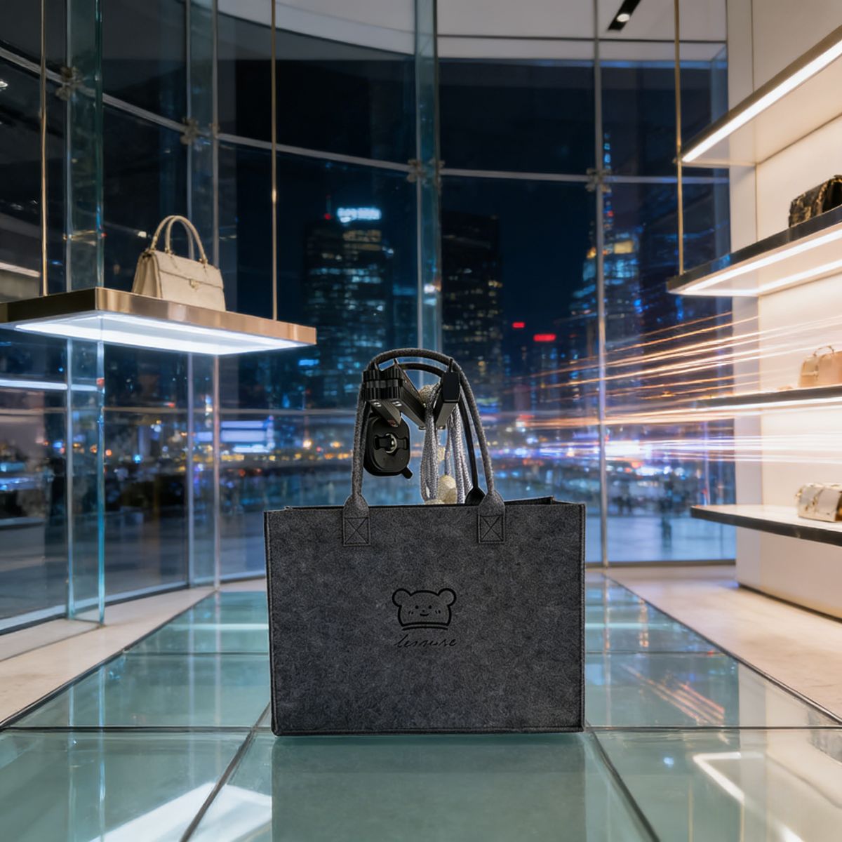 Stylish gray large-capacity felt tote bag with cute bear embroidery. Spacious, lightweight & durable—perfect for Kenyan young ladies’daily shopping, work or casual outings