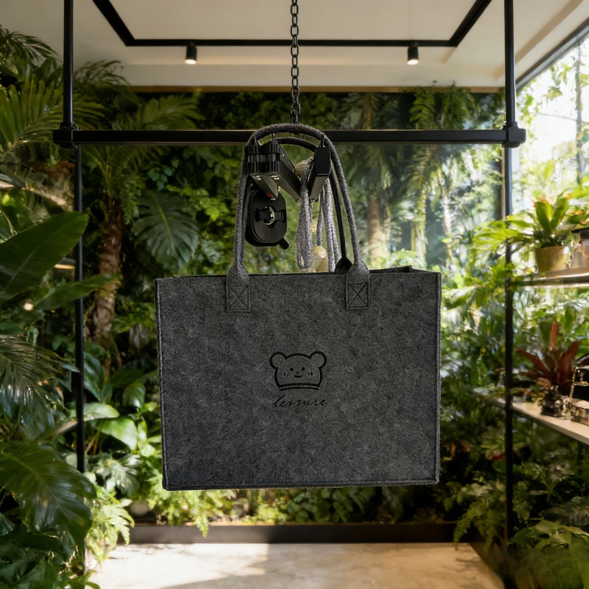 Stylish gray large-capacity felt tote bag with cute bear embroidery. Spacious, lightweight & durable—perfect for Kenyan young ladies’daily shopping, work or casual outings