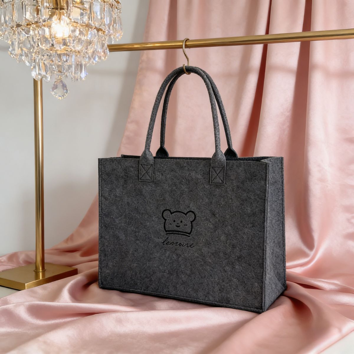 Stylish gray large-capacity felt tote bag with cute bear embroidery. Spacious, lightweight & durable—perfect for Kenyan young ladies’daily shopping, work or casual outings