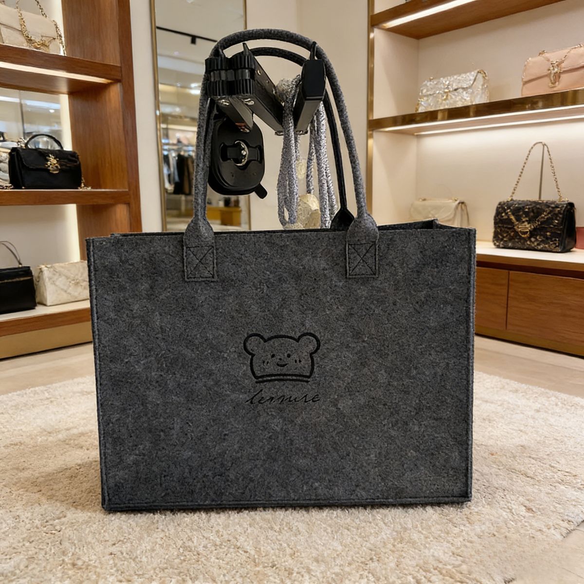 Stylish gray large-capacity felt tote bag with cute bear embroidery. Spacious, lightweight & durable—perfect for Kenyan young ladies’daily shopping, work or casual outings