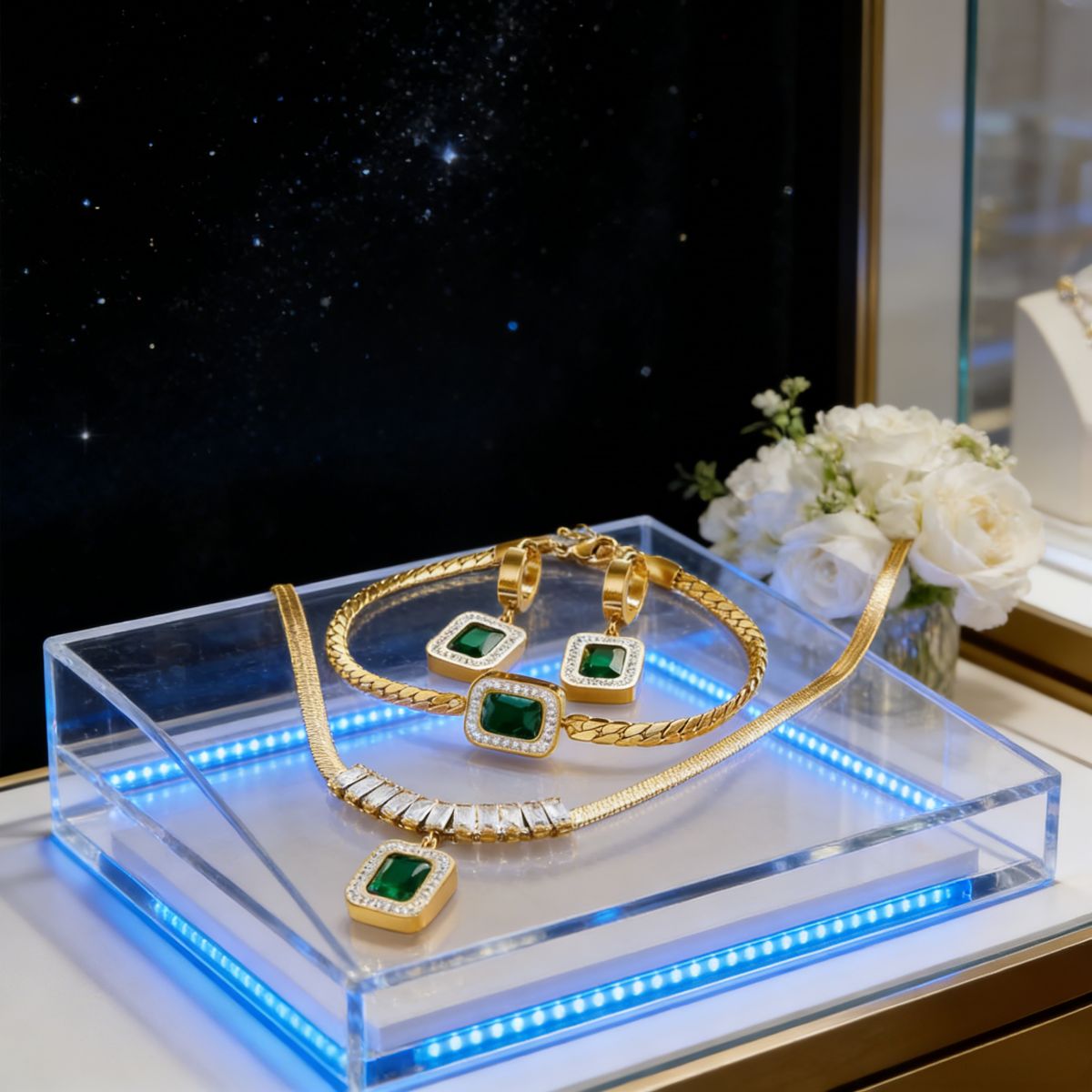 Elegant gold-plated jewelry set (necklace, bracelet, earrings) with green gem & crystal details. Stylish, shiny & versatile—perfect for Kenyan young ladies’ parties。