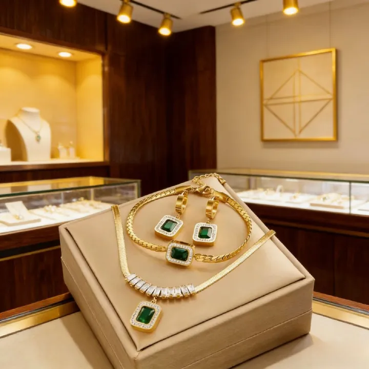 Elegant gold-plated jewelry set (necklace, bracelet, earrings) with green gem & crystal details. Stylish, shiny & versatile—perfect for Kenyan young ladies’ parties。