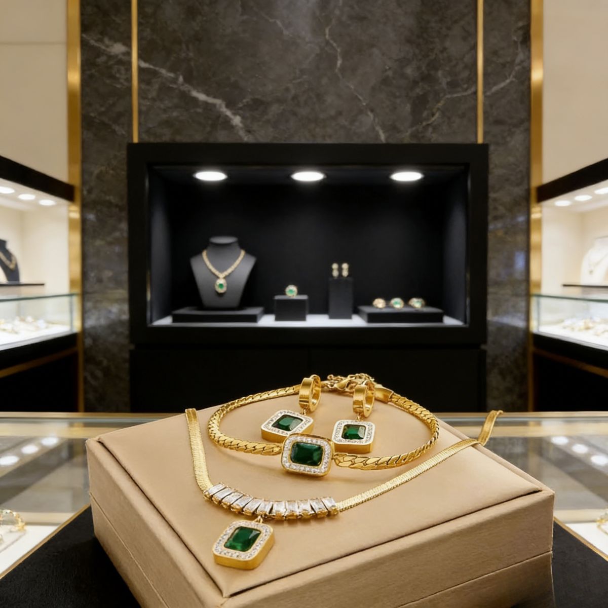 Elegant gold-plated jewelry set (necklace, bracelet, earrings) with green gem & crystal details. Stylish, shiny & versatile—perfect for Kenyan young ladies’ parties。