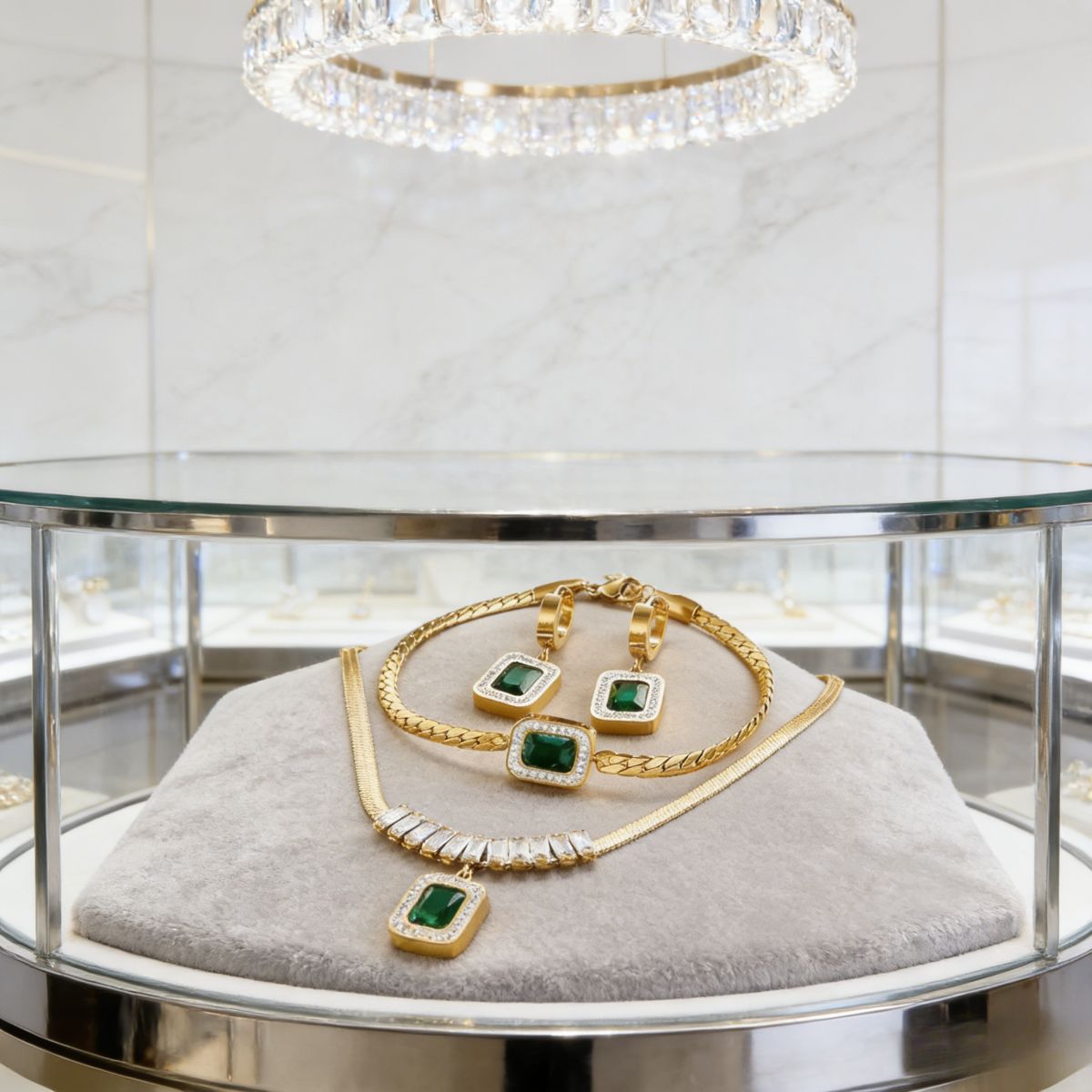 Elegant gold-plated jewelry set (necklace, bracelet, earrings) with green gem & crystal details. Stylish, shiny & versatile—perfect for Kenyan young ladies’ parties。