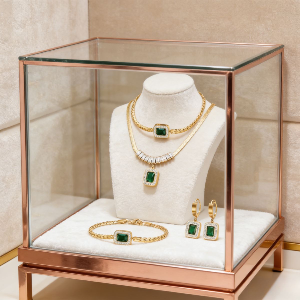 Elegant gold-plated jewelry set (necklace, bracelet, earrings) with green gem & crystal details. Stylish, shiny & versatile—perfect for Kenyan young ladies’ parties。